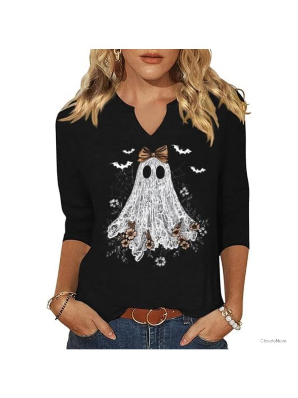 Women's 3/4 Sleeve V Neck Halloween Graphic Blouse Casual Fall Top